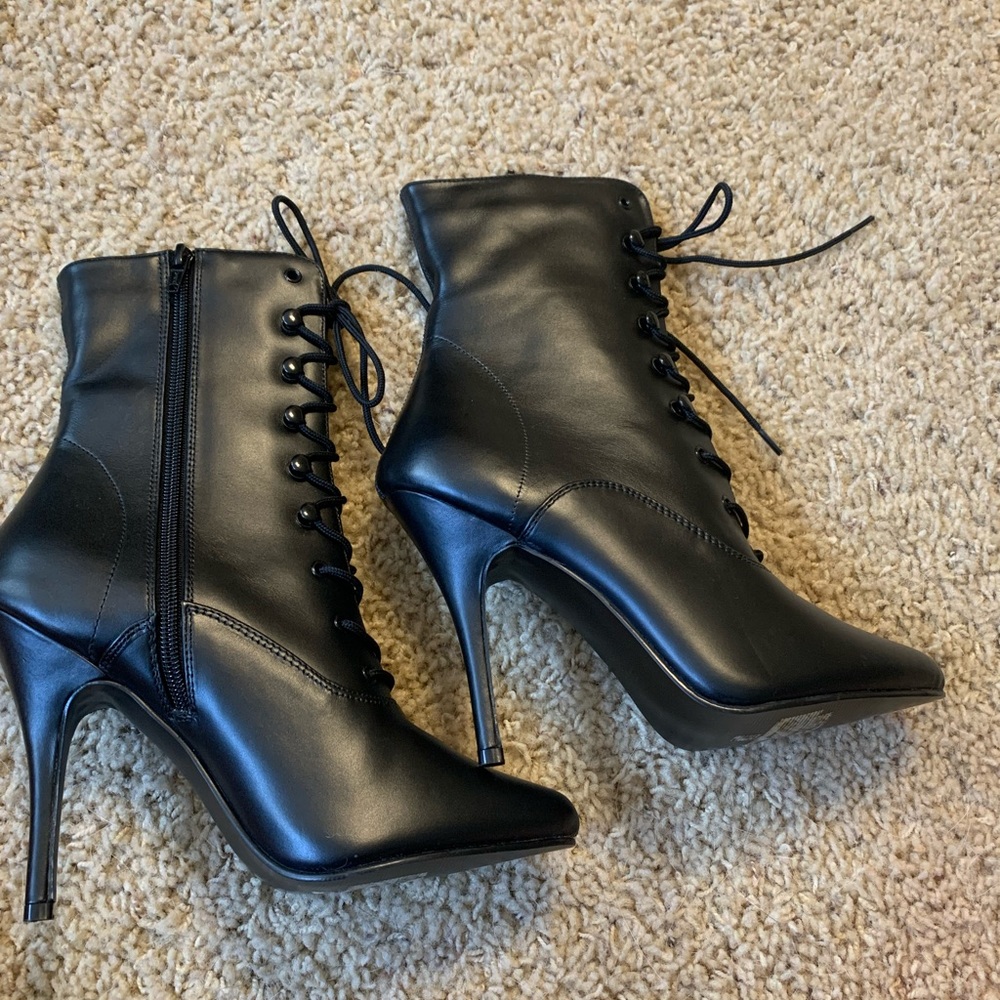 Pleaser pointed toe lace up ankle bootie